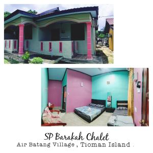duas imagens de uma casa pintada em cores diferentes em SPC South Pacific Chalet SP Barakah at ABC Air Batang Village em Ilha Tioman