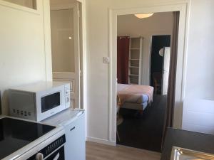 a kitchen with a microwave and a room with a bed at Studio paisible avec jardin - Tours centre in Tours