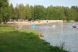 Emolahti Camping في Pyhäjärvi: مجموعة من الناس يلعبون في الماء على الشاطئ