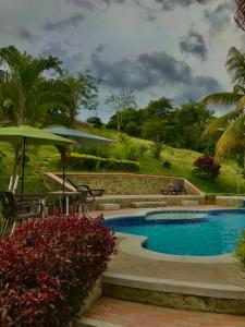 a swimming pool with a table and an umbrella at Finca Mirador la Giralda in Roldanillo