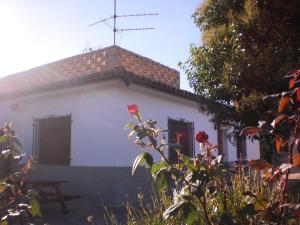 Una casa blanca con una antena encima. en Casa Los Olivos en Grávalos