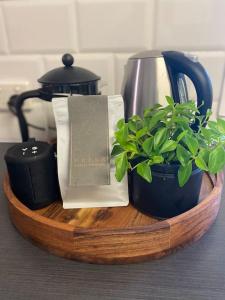 a wooden tray with a tea kettle and a plant at KING BEDS, Family & Pet Friendly, StayDubbo in Dubbo