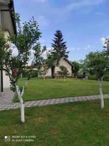 two trees in a yard next to a house at Meri rooms in Bihać