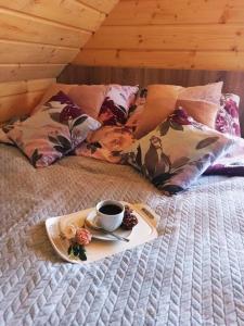 a plate of food and a cup of coffee on a bed at Domek Bogdanówka in Pisarzowa