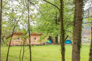 a house in the middle of a field with trees at Kamp na Otoku - Ljubno ob Savinji in Ljubno
