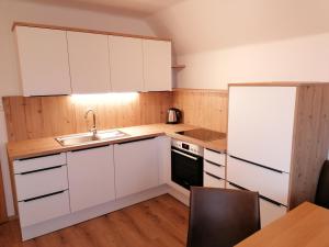 eine kleine Küche mit weißen Schränken und einem Waschbecken in der Unterkunft Reithartlhof in Bad Mitterndorf