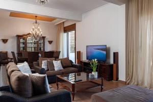 sala de estar con sofá y TV en Thalasinos Luxury Villa, en Gournes