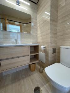 a bathroom with a toilet and a sink and a mirror at Figueira Centro Apartment by Rent4All in Figueira da Foz +57 photos