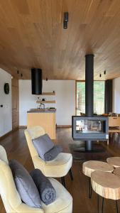 uma sala de estar com lareira e algumas cadeiras em Casa Nube em Hlevci