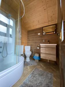a bathroom with a tub and a toilet and a sink at Chalet Зоряні ночі in Mykulychyn