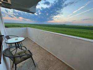 a table and chair on a balcony with a view of a field at Vila Adelis in Vama Veche
