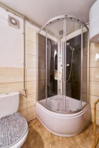ein Bad mit einer Dusche und einem WC in der Unterkunft Domek Pod Lasem in Polanica-Zdrój