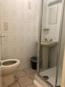 a bathroom with a toilet and a sink and a shower at Ultimate Family Guest House in Blackpool