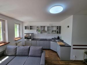 een woonkamer met een bank en een keuken bij Dadaj Apartment Coral in Dadaj