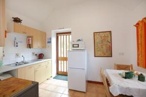 a kitchen with a white refrigerator and a table at Green Hope Guest House in Ellemford