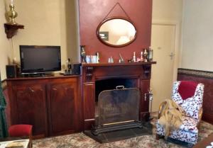 a living room with a fireplace and a mirror at Walnut Cottage in Angaston