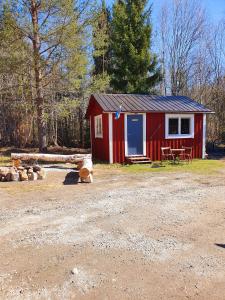 eine rote Hütte mit blauer Tür im Wald in der Unterkunft Schnieder's Stuga in Harmånger