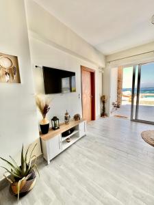 a living room with a flat screen tv on a wall at Vaso Beach Front Villa in Ialyssos