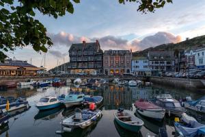 a group of boats are docked in a harbor at Captains Cottage - Stylish cottage, level location, in the heart of Dartmouth in Dartmouth