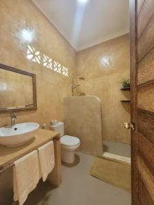 a bathroom with a sink and a toilet and a shower at Siri Beach Lodge in Nungwi