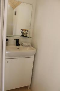 y baño con lavabo blanco y espejo. en La Roulotte Viticole - sauna - toilette sèche, en Floreffe