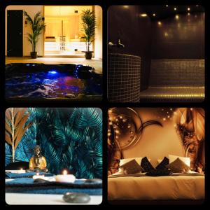 uma colagem de quatro fotografias de um quarto com uma banheira em L'ApothéOse, gîte bien-être avec jacuzzi, sauna, hammam em Lieuron