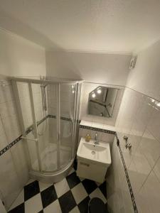 een badkamer met een douche, een toilet en een wastafel bij Ferienwohnung "Seemöwe" in Burgtiefe auf Fehmarn 