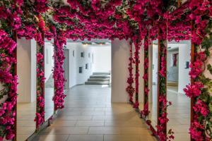 um corredor forrado com flores cor-de-rosa num corredor em Artemoula's Studios em Platis Yialos Mykonos