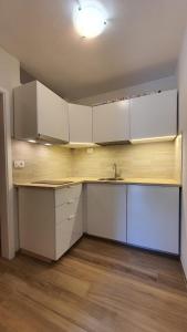an empty kitchen with white cabinets and a sink at Peaceful Green Apartments AE in Portorož