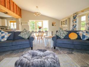 uma sala de estar com dois sofás azuis e uma mesa em Acorn Lodge em Stafford