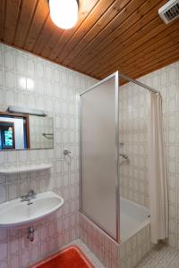 uma casa de banho com um chuveiro e um lavatório. em Ferienwohnungen Casa Ri(e)sig em Leiwen