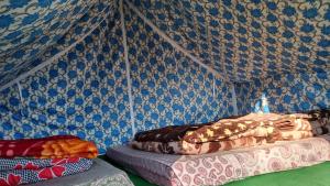 ナルカンダにあるWild Himalaya Glamping Campの青い壁の部屋にベッドが2つある
