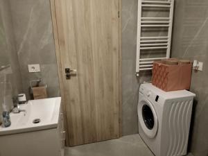 y baño con lavadora y lavamanos. en Apartament Gabriella's Home, en Oradea
