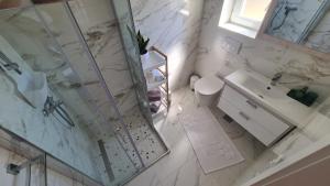 an overhead view of a bathroom with a shower and a sink at Apartments Tanja in Zavalatica