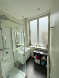 W łazience znajduje się prysznic i umywalka. w obiekcie Le Central Victoria II - Central Point - 55m2 w Nancy