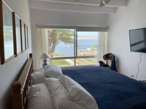 um quarto com uma cama grande e vista para o oceano em Beachfront, 4BR, entire house in Paracas em Paracas