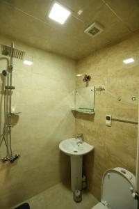 a bathroom with a sink and a toilet and a shower at Luky apartment on Rustaveli Ave. in Tbilisi City