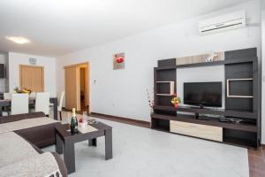 a living room with a large entertainment center with a flat screen tv at Belveder Montenegro in Rafailovici