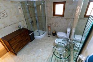 La salle de bains est pourvue d'une douche, de toilettes et d'un lavabo. dans l'établissement La Bebe 1 Bed, à Hunedoara