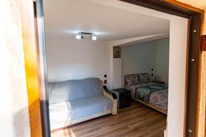 een slaapkamer met een bed en een spiegel bij La Bebe 2 Beds in Hunedoara