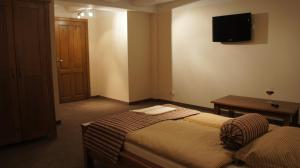 um quarto com uma cama e uma televisão na parede em Hotel Stary Młyn em Suchedniów