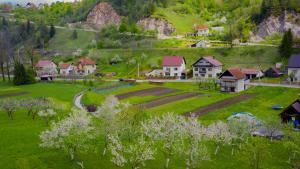 an aerial view of a village with houses and trees at Holiday Home Lino in Brod Moravice