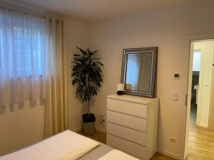 ein Schlafzimmer mit einer Kommode mit einem Spiegel und einer Pflanze in der Unterkunft Harmonie am Bodensee in Friedrichshafen