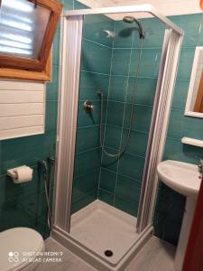 um chuveiro numa casa de banho com azulejos verdes em Hotel Paradiso Dei Giovani em Margherita di Savoia