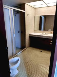 ein Badezimmer mit einem WC, einem Waschbecken und einem Spiegel in der Unterkunft Hotel Mary Celaya in Celaya