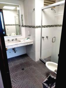 ein Bad mit einer Dusche, einem Waschbecken und einem WC in der Unterkunft Hotel Mary Celaya in Celaya