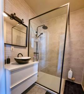 uma casa de banho com um lavatório e uma cabina de duche em vidro. em Maison Noordburg Veurne em Veurne
