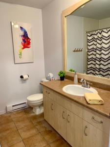ein Badezimmer mit einem Waschbecken, einem WC und einem Spiegel in der Unterkunft Condo Club Azur Plage Memphremagog in Magog-Orford