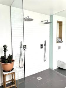 a bathroom with a shower and a potted plant at Unique 2 Bedroom Penthouse Apartment in Kensal Rise in London