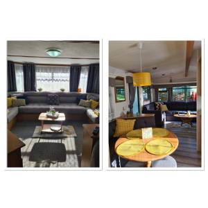 two pictures of a living room with a couch and a table at Unique Caravan with Outdoor Space in Ballantrae